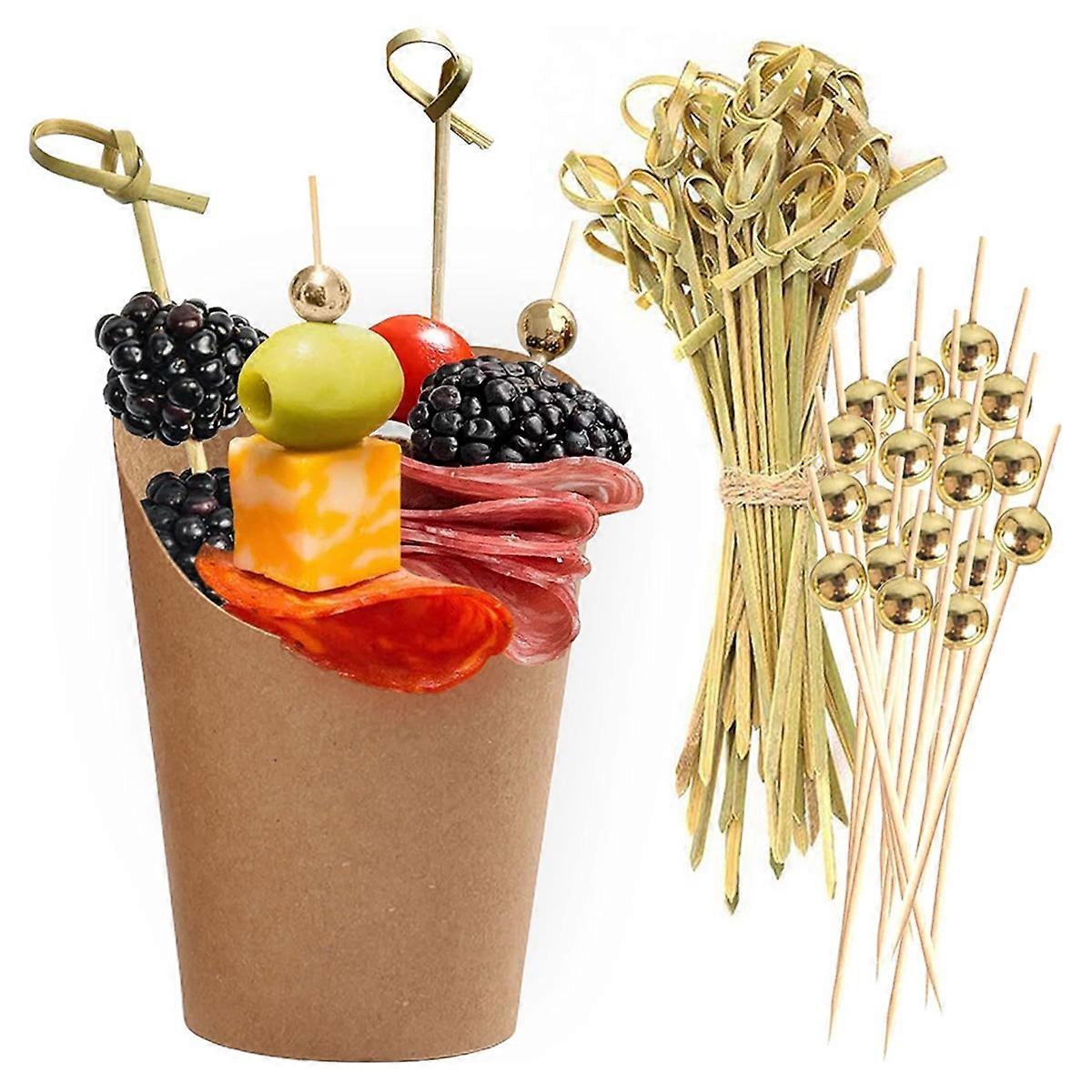 50PCS 14oz Kraft Charcuterie Cups with 200 Sticks (2 Types) - Wide Enlarged Top Cutout for Better Display