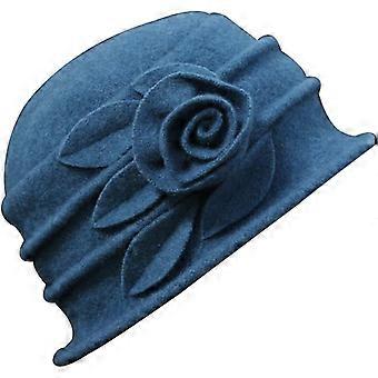 Chapéu de lã vintage feminino, chapéu tipo melindrosa, estilo balde, para igreja, com flores de inverno (azul)