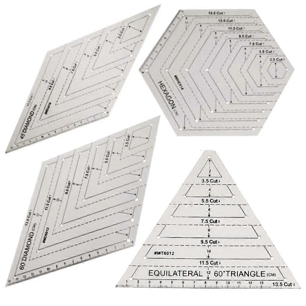 4Pcs Quilting Ruler, com triângulo de 60 graus e diamante, diamante de 45 graus, modelos de forma hexagonal