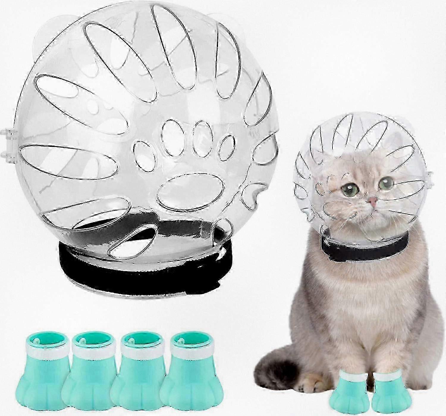 Adjustable Breathable Cat Helmet, Cat Bubble Helmet Hood with Anti Bite Muzzle and 4 Silicone Paw Covers Suitable for Cats