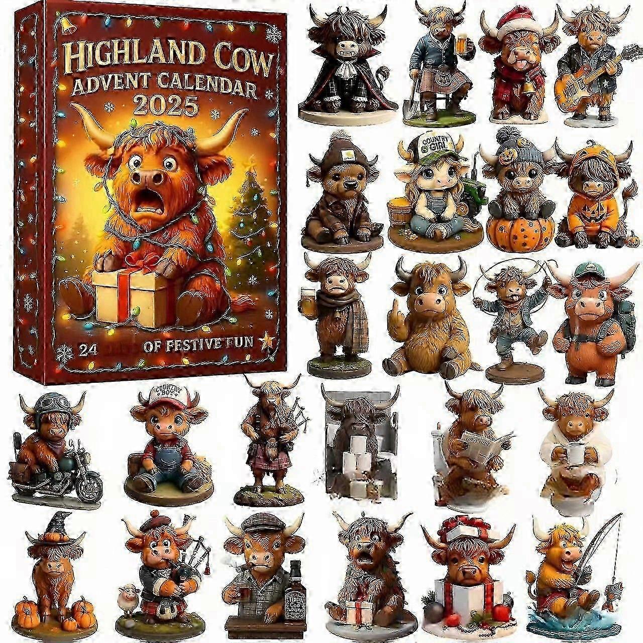 Quality 3D Highland Cow Advent Calendar 2025, 24 Days Christmas Countdown Calendar with 3D PVC Highland Cow Ornaments, Christmas Tree Decoration