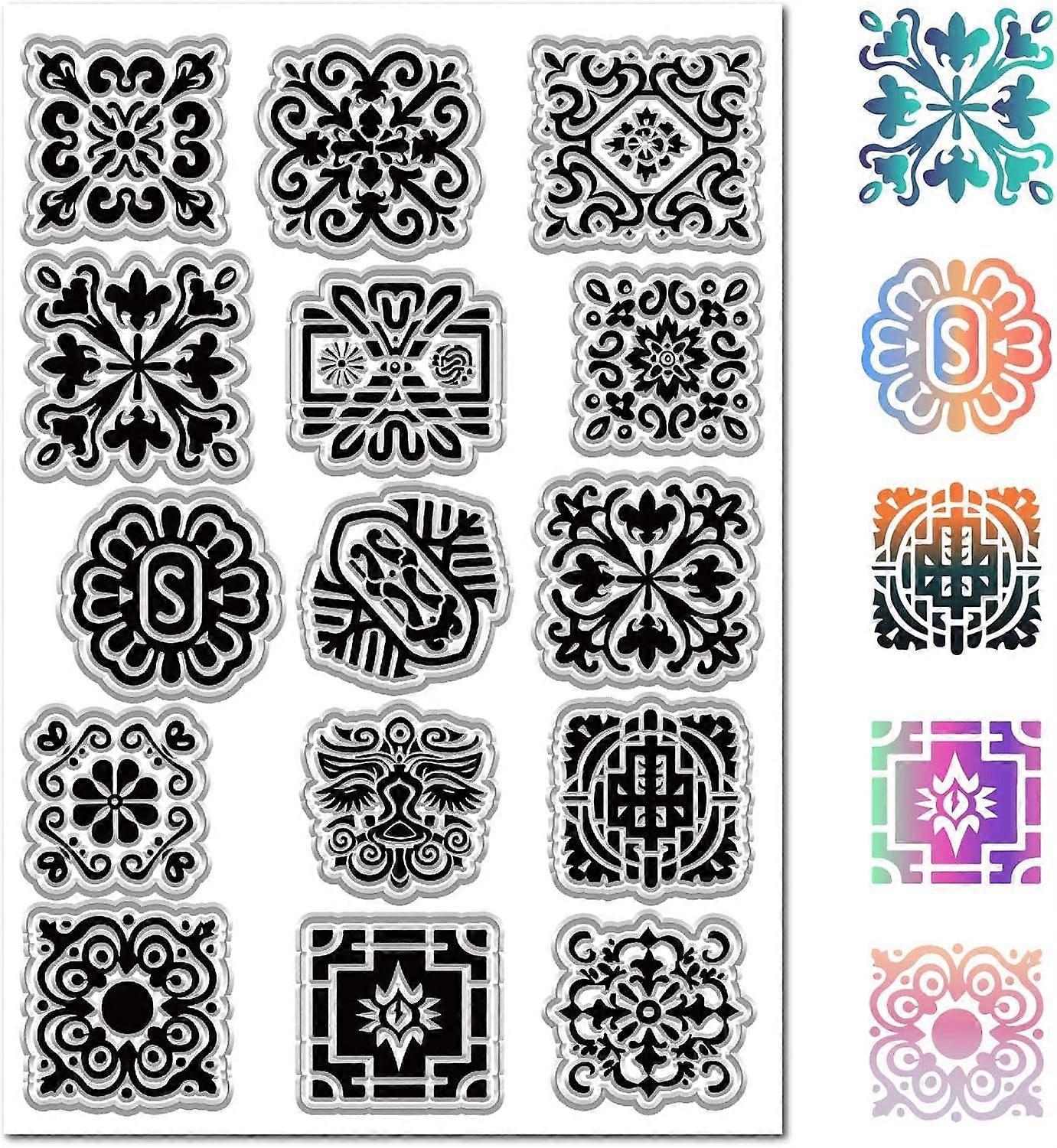 A5 Clear Stamps Square Patterns Reusable Retro Transparent Rubber Stamps Sheets PVC Silicone Seals 8.3x5.8Inch for DIY Scrapbooking Photo Album Decora