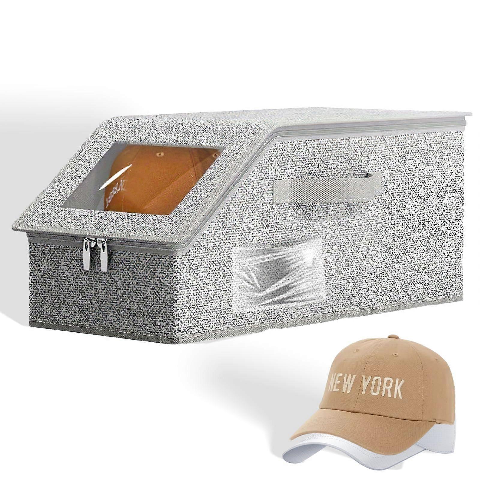Grey Snapback Hat Storage Box with Clear Window, Stackable Cap Organizer for Closet Shelf, Holds 12