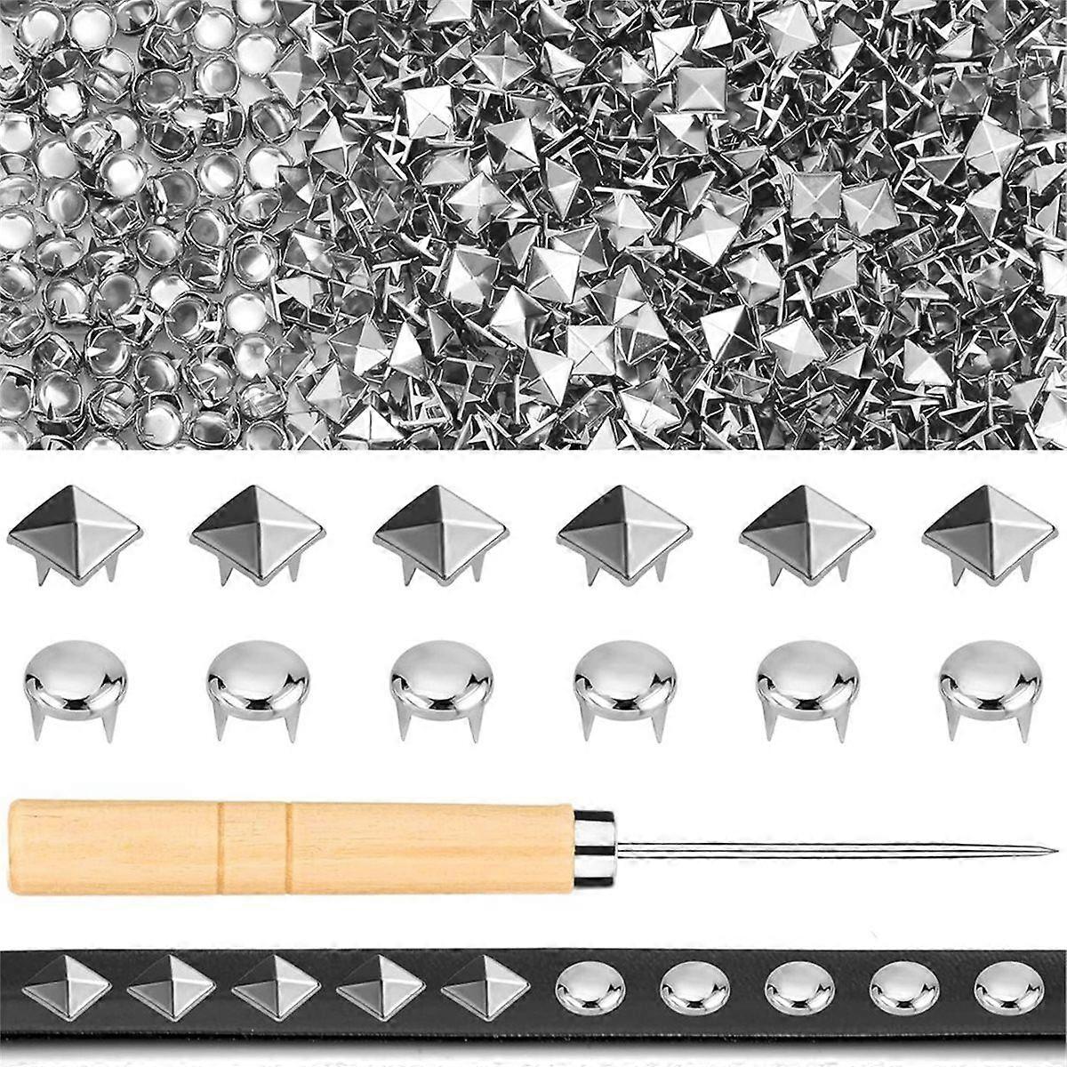 1250 PCS Metal Studs, 10mm Square Pyramid Studs and Round Dome Studs for Craft, with Awl Silver Spi