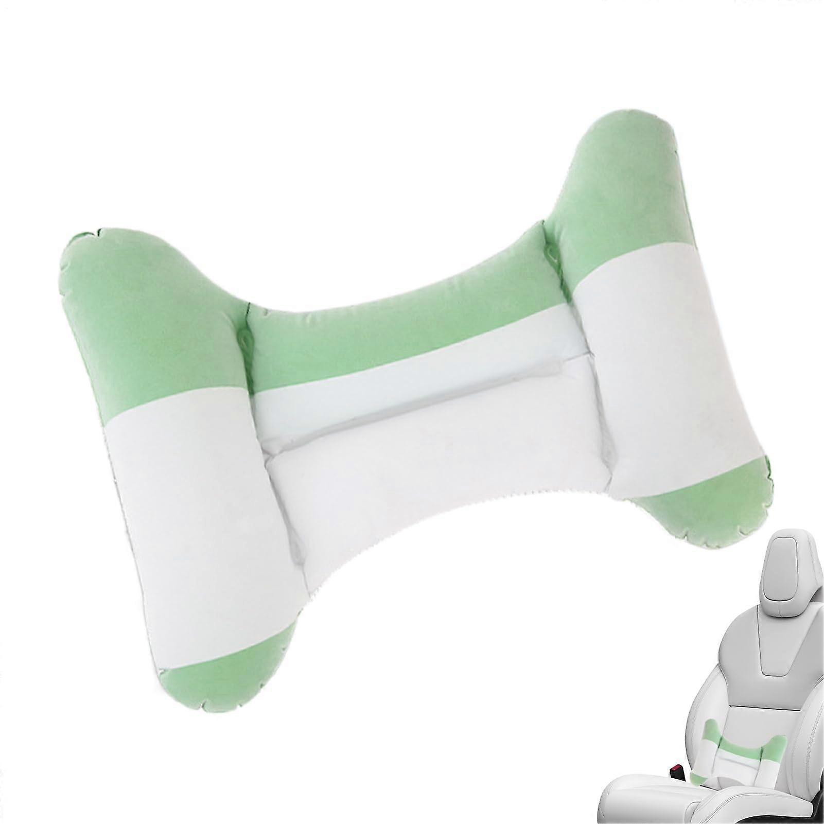 Inflatable Lumbar Pillow with Ergonomic H Design, Adjustable Neck and Back Support for Travel, Lightweight Flocking PVC  Light Green