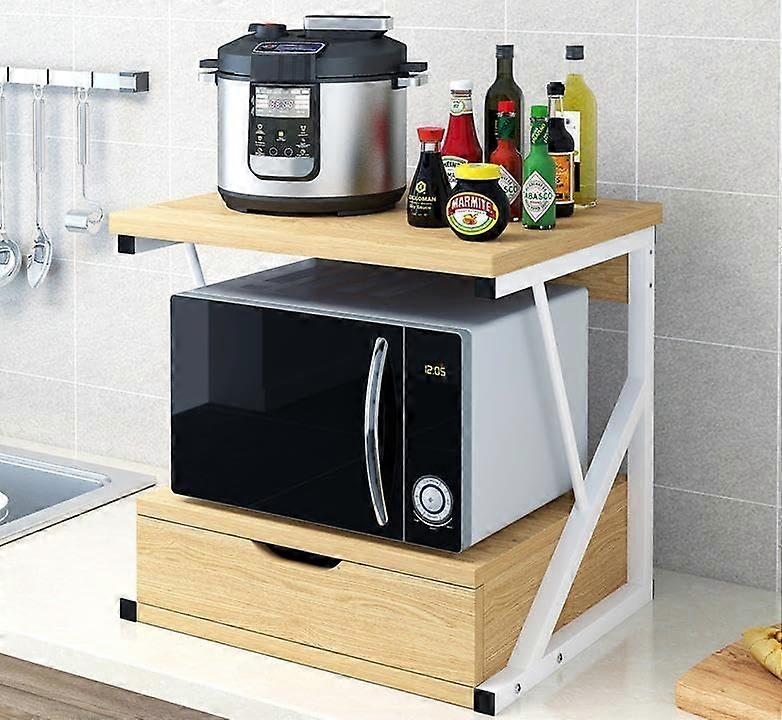 Wooden 2 Tier Microwave Stand with Drawer, Kitchen Storage Shelf Rack for Printer, Brown