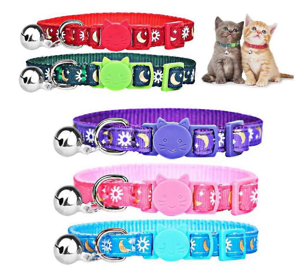 Shulemin 5Pcs Golden Moon Star Sun Pattern Breakaway Adjustable Cat Collars with Bell for Kitten