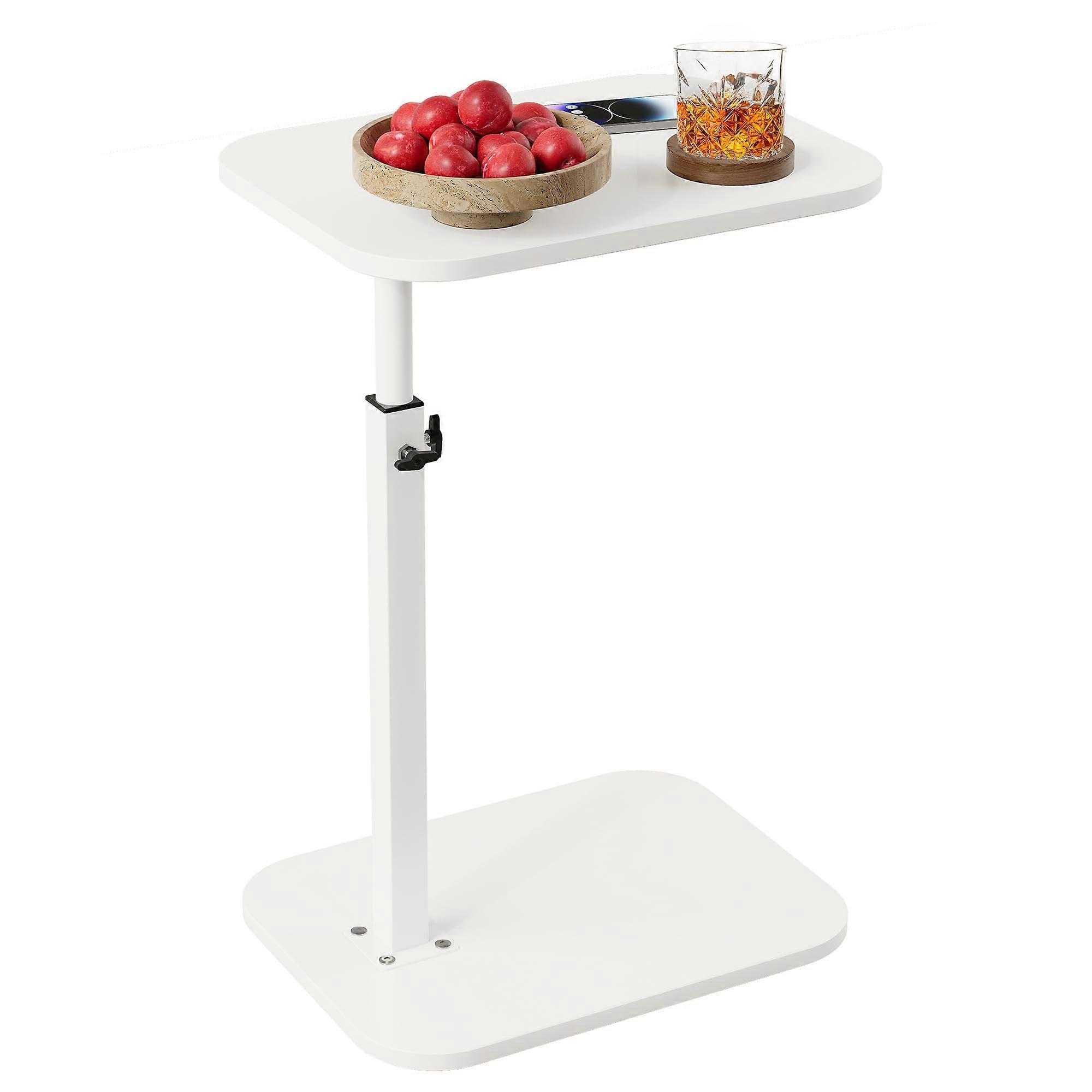 C Shaped Side Table for Couch Adjustable Height with 360° Swivel  Slides Under Furniture White