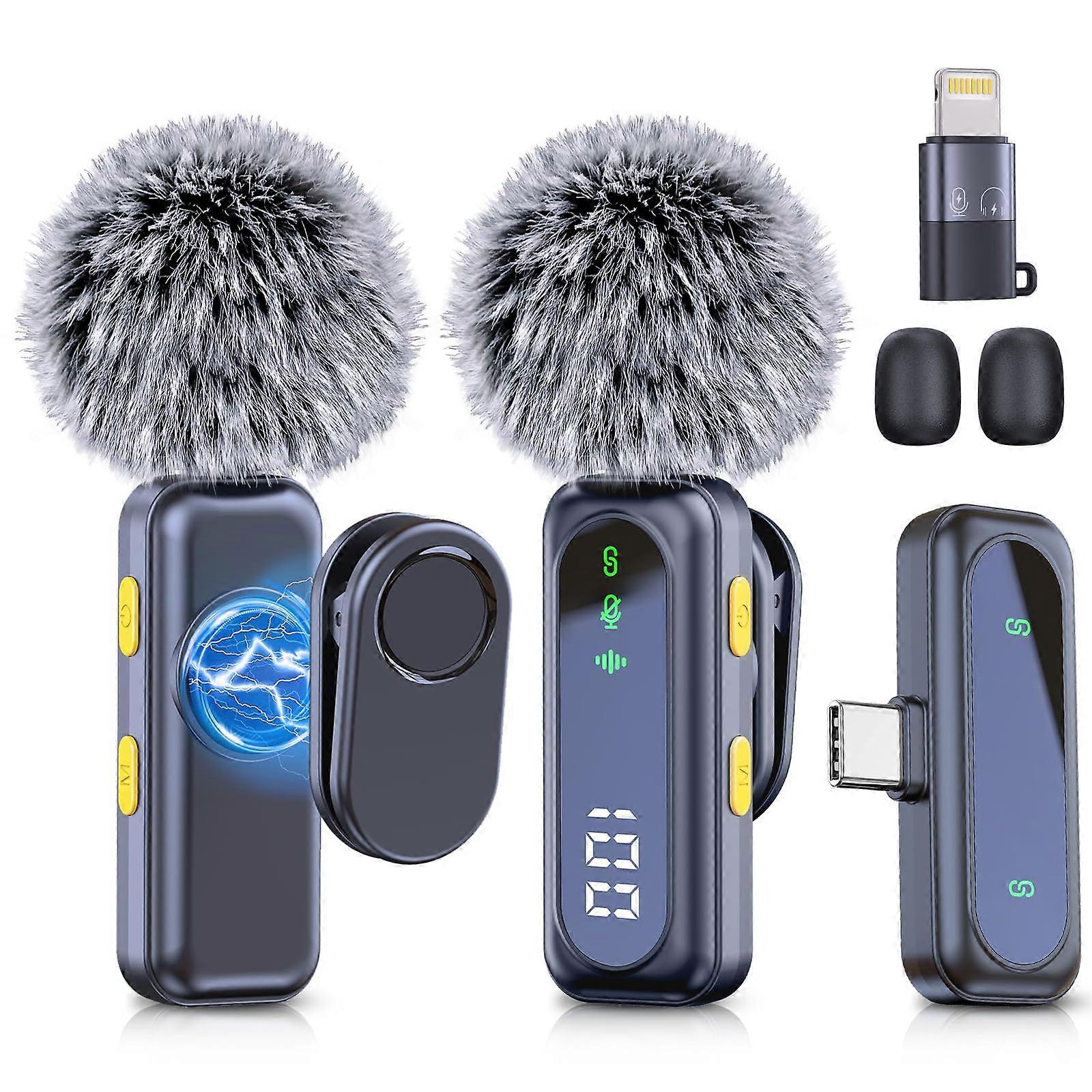 Wireless Lavalier Microphone for iPhone and Android, 2pcs Noise Cancelling Lapel Mic with LED Display