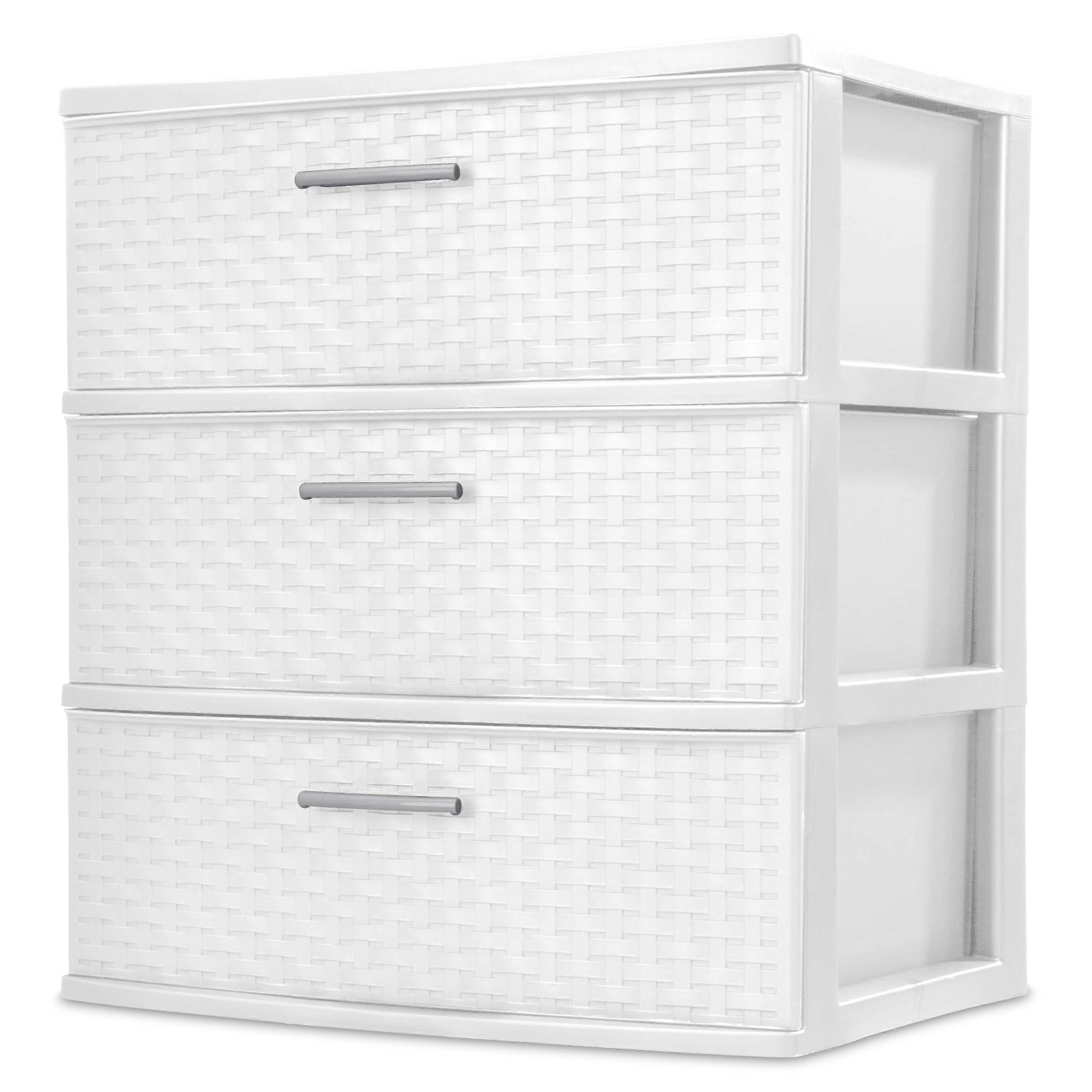 White 3 Drawer Plastic Storage Tower with Textured Wideweave Finish for Small Space Organization