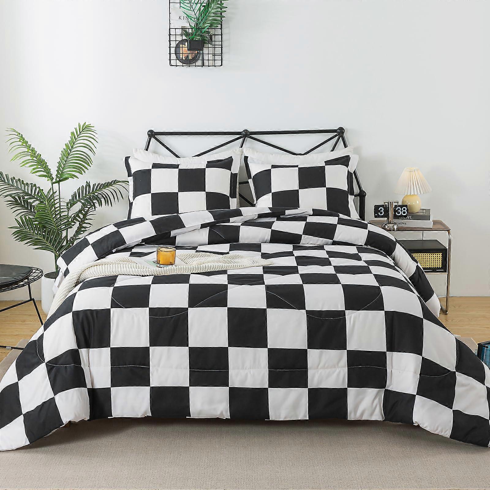 Queen Size Buffalo Plaid Comforter Set Black and White Checkered Bedding, AllSeason Microfiber