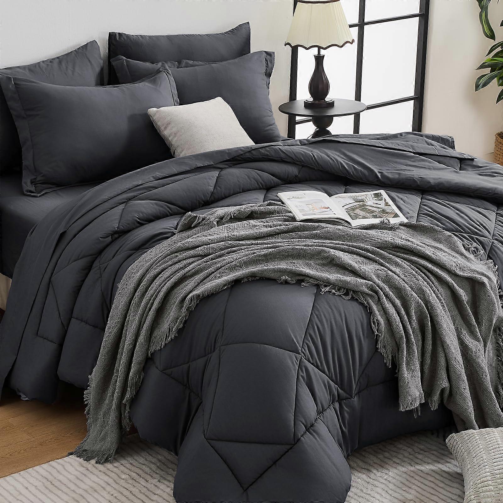 Queen Comforter Set 7 Piece All Season Reversible Grey Bedding with Ultra Soft Microfiber