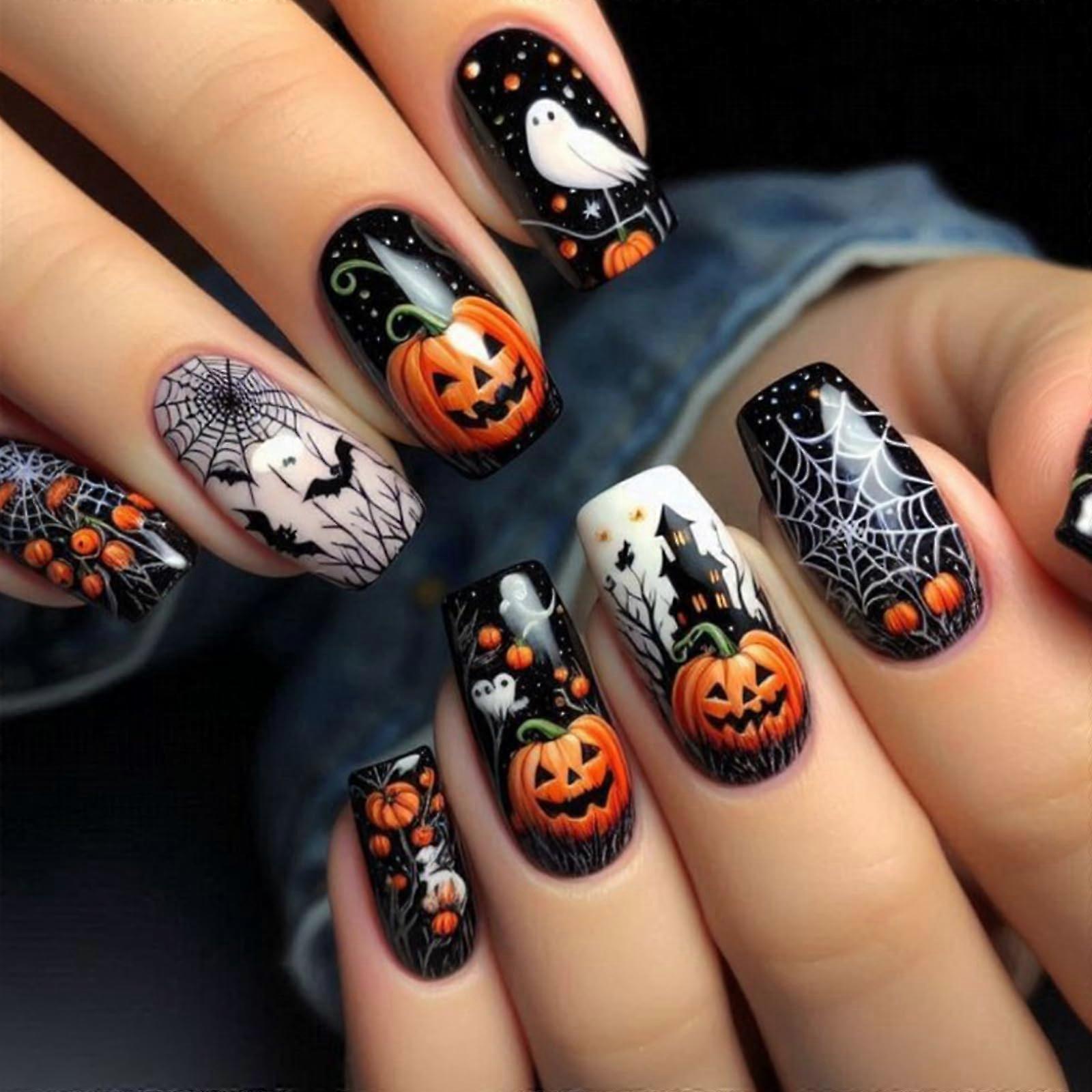 Halloween Goth Press On Nails with Spider Web and Bat Design, Reusable False Nail Tips Set