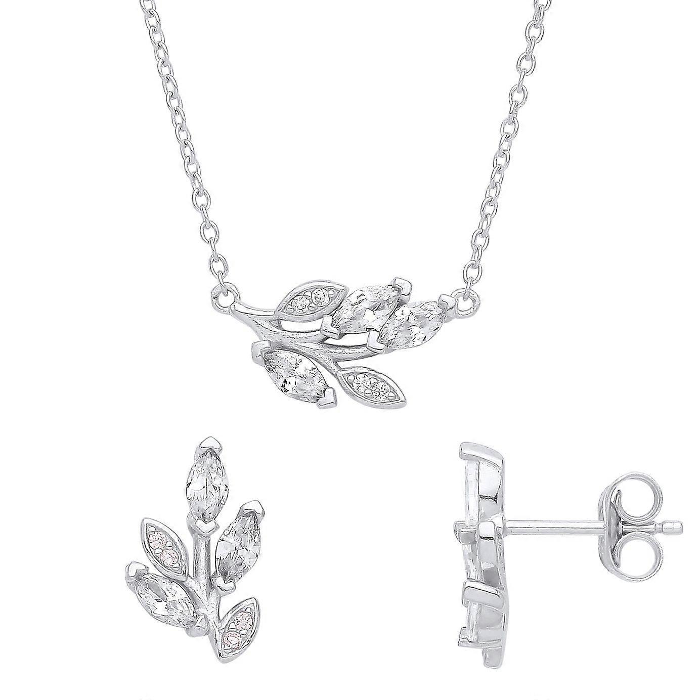 Jewelco London Ladies Rhodium Plated Sterling Silver Marquise CZ Tree Branch Leaves Earrings Necklace Set