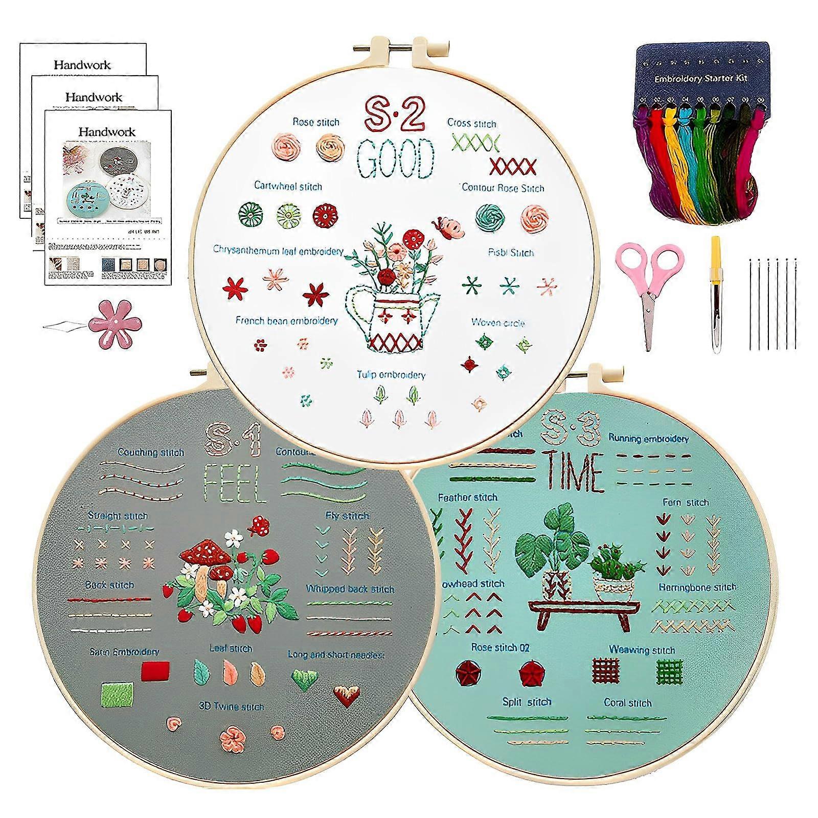 Beginner Embroidery Kit with Printed Fabric, Bamboo Hoop and Threads, Learn 30 Stitches