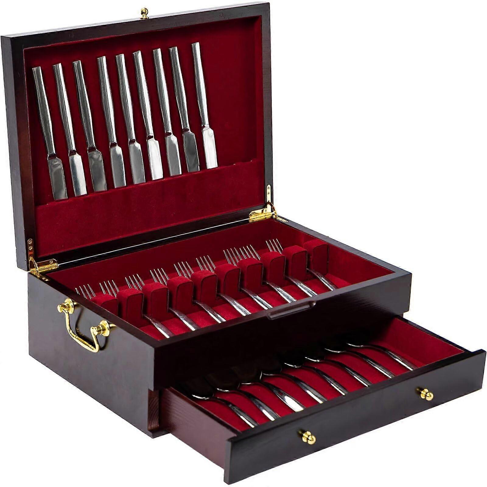 Wooden Silverware Storage Box with Handle, DoubleLayer Felt Lined Flatware Chest Fits 16 Sets