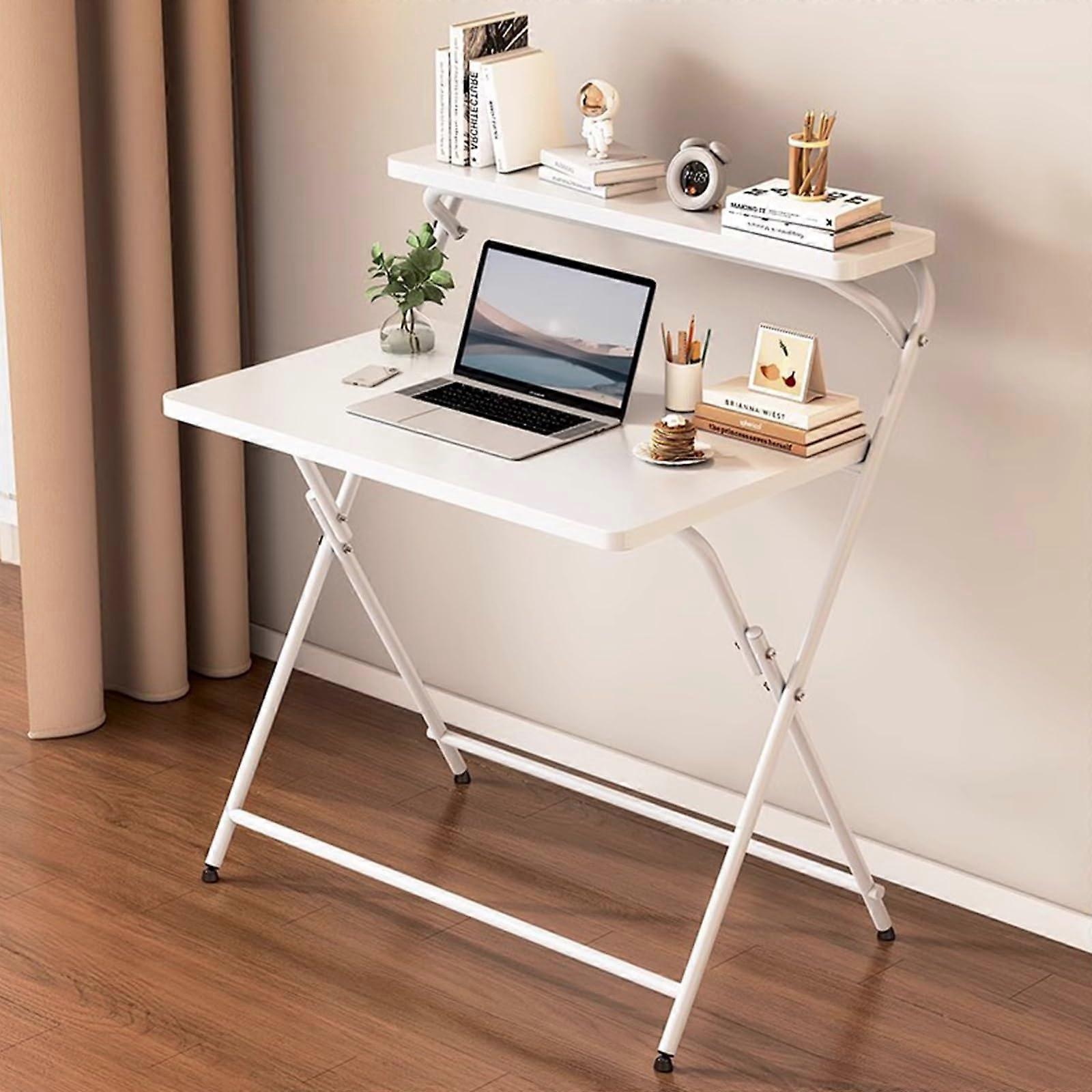 Folding Computer Desk with 2Tier Storage, No Assembly, SpaceSaving White Home Office Table