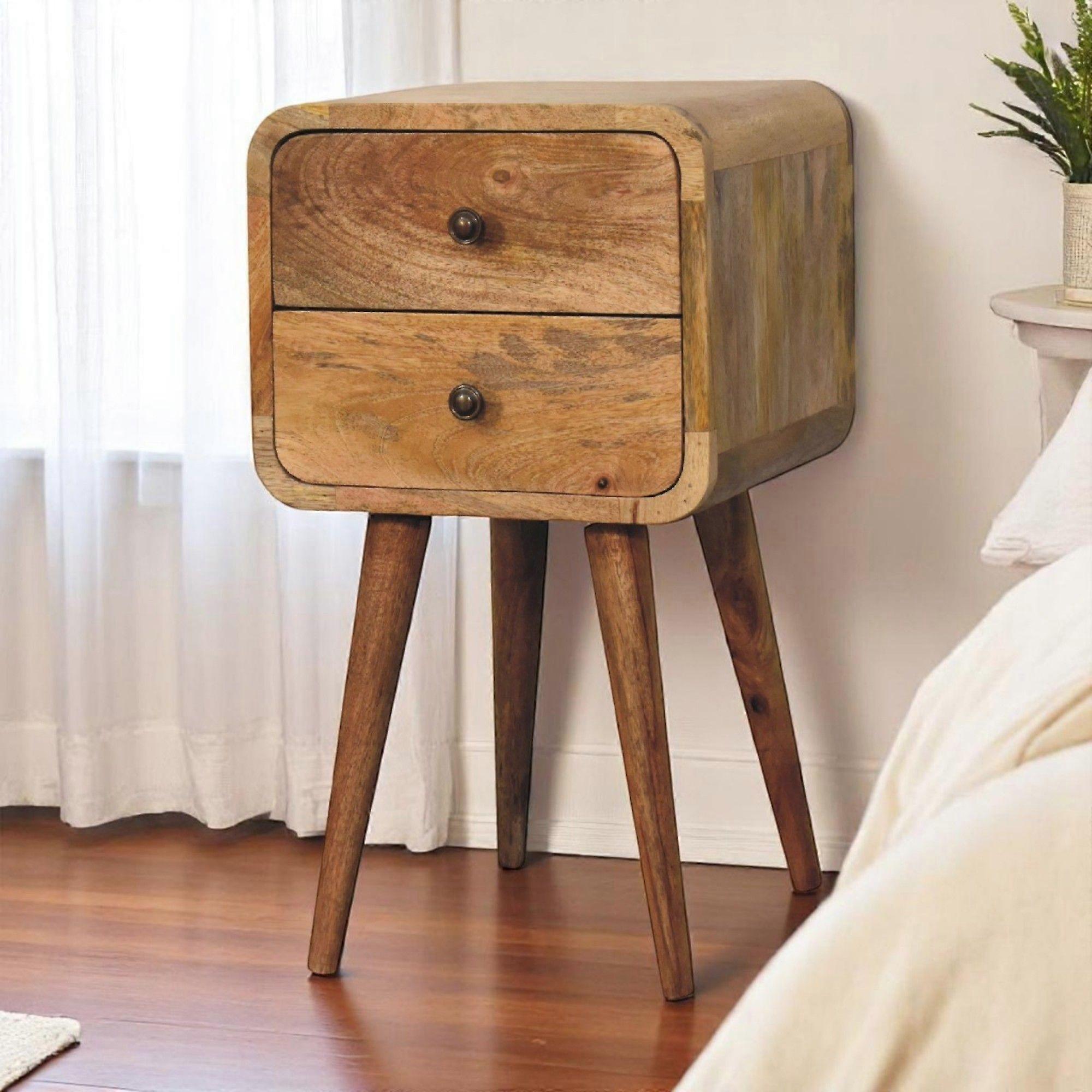 Solid Wood Mini Oak-ish Curved Bedside, 2 Drawers