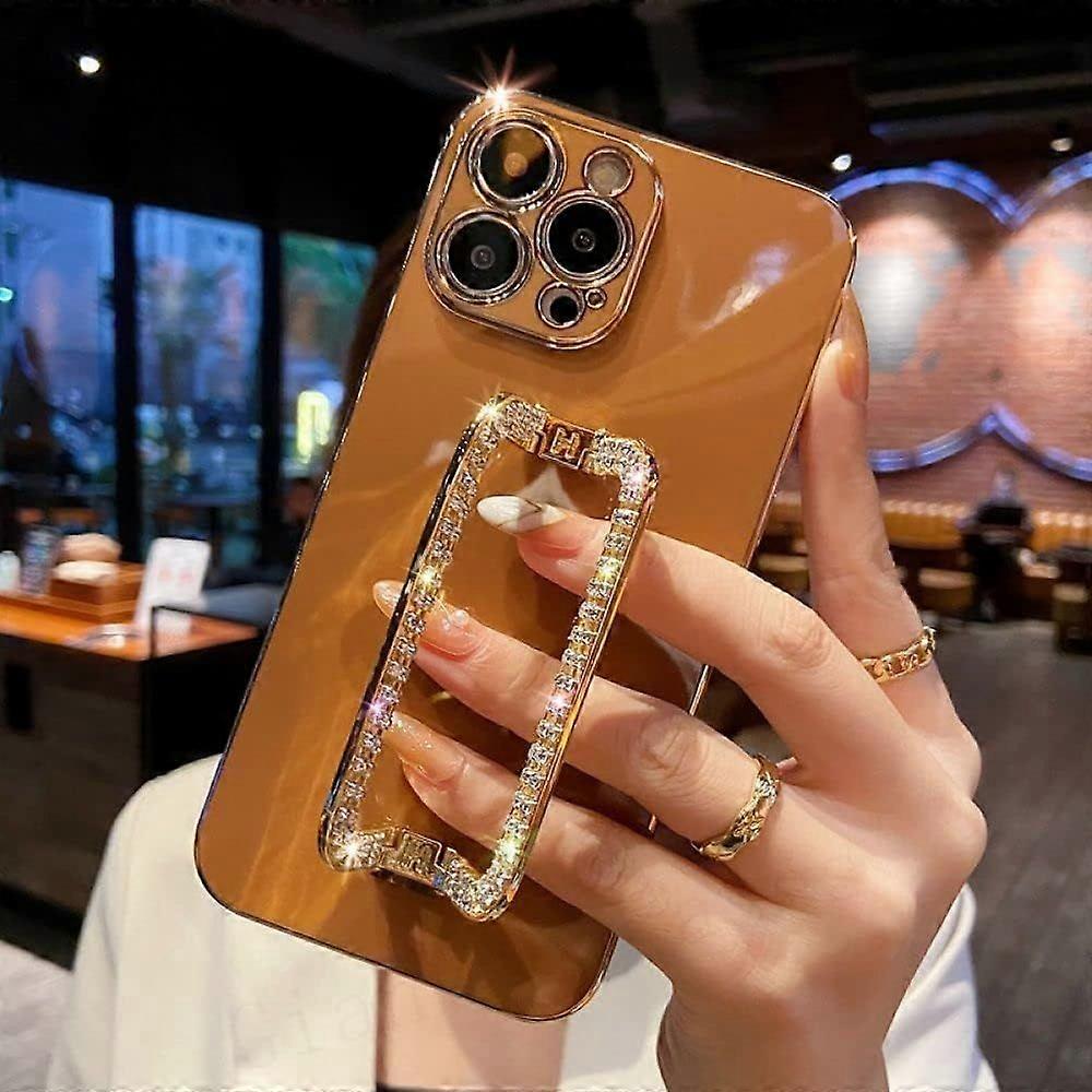 Gold-plated rhinestone square stand case for iPhone 14