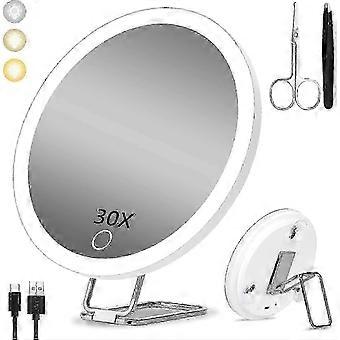 30X Magnifying Mirror with Light, 15cm 3 Color Modes Dimming, with 3 Suction Cups and 360 Table Stand Edition 0822