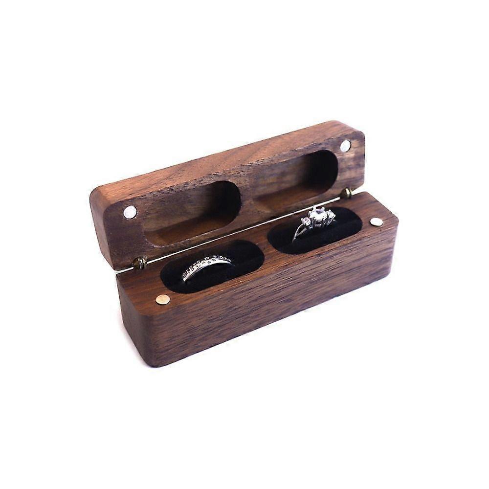 Hinged Black Walnut Jewelry Holder Case with Twin Ring Inserts