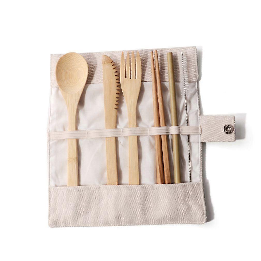 6pcs Cutlery Set Tableware Tableware Spoon Fork Knife Chopsticks Straw Bamboo