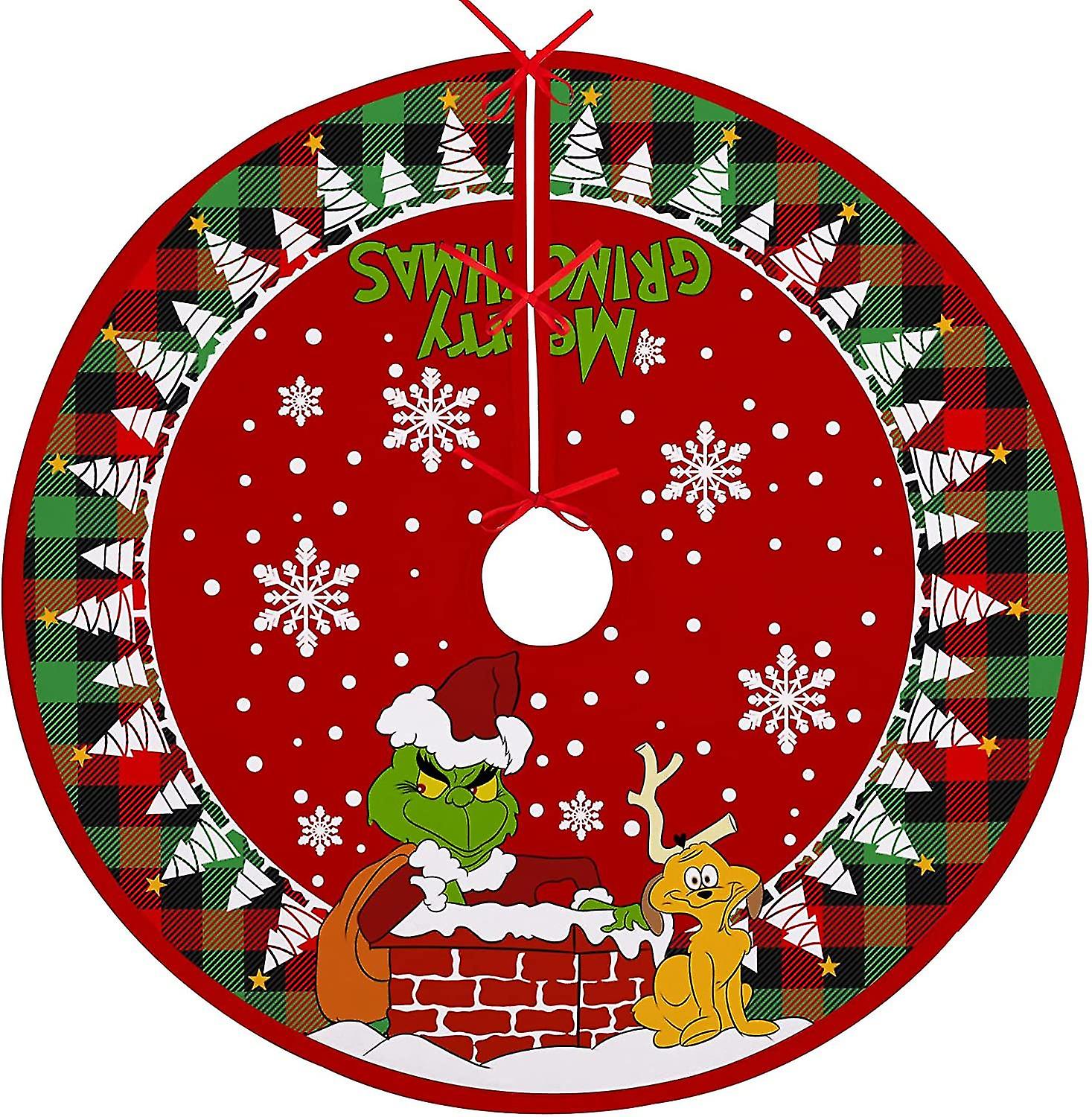 Merry Christmas Tree Skirt 48" Large Lace-up Red Green Buffalo Plaid Check, Xmas