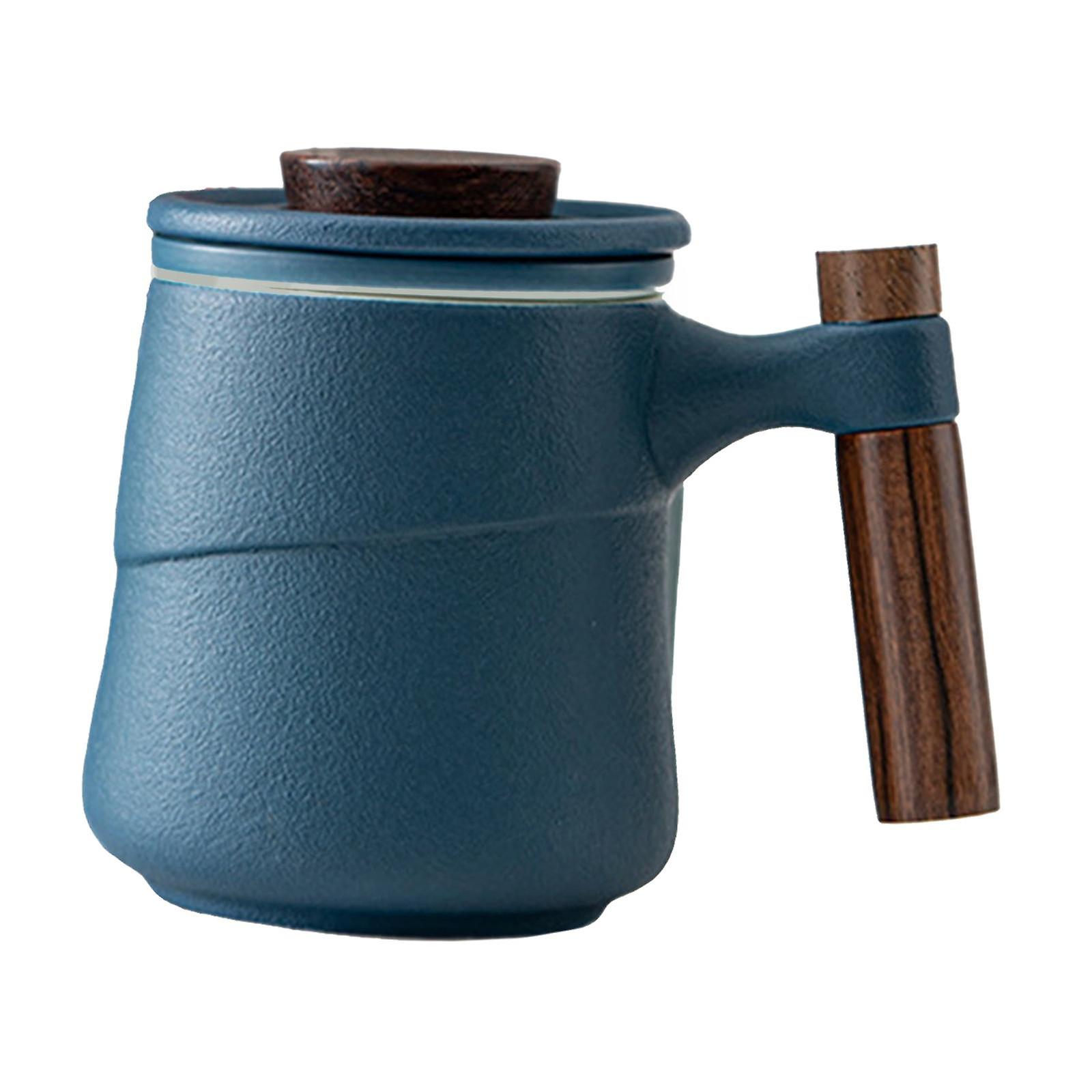 Ceramic Tea Mug w/ Filter Lid Wooden Handle for Tea Brewing  Blue