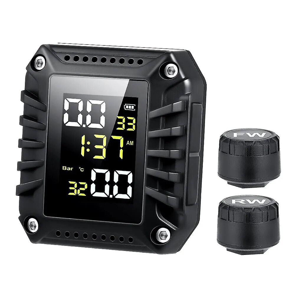 Wireless Motorcycle Tpms 2 External Sensors Motorbike Tire Pressure Monitoring Tyre Temperature Alarm System With Time Display