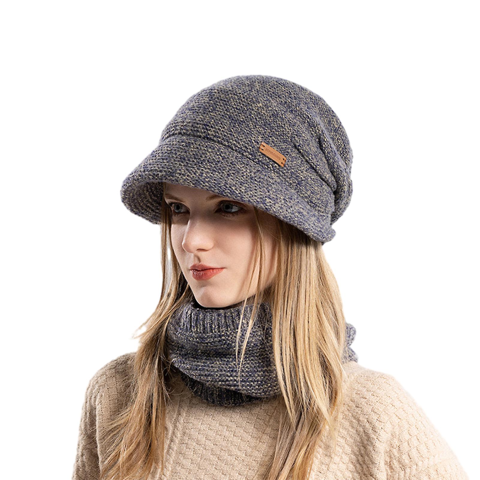 Solid-Color Knitted Hat Scarf Set with Brim Windproof Skin-Friendly Hats Birthday Chirstmas Gift