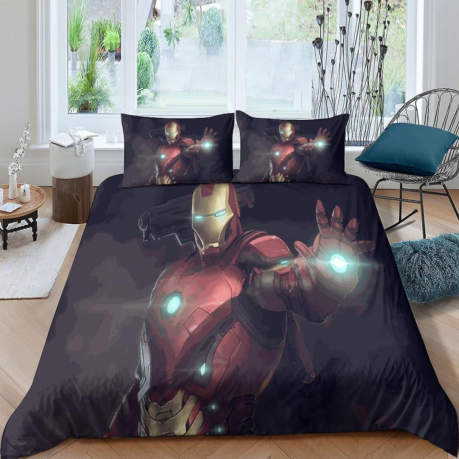 Iron Man3D Effect Comforter Cover for Childrens And Adults Printed Microfiber Iron Man Marvel Duvet Cover Set with Pillow Cases Quilt Bedding Set with