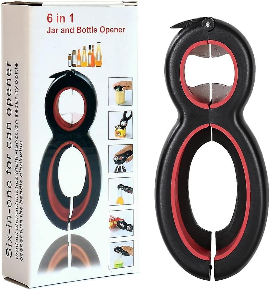 6-in-1 multifunctional bottle opener, twist opener, can opener (Black and Red)