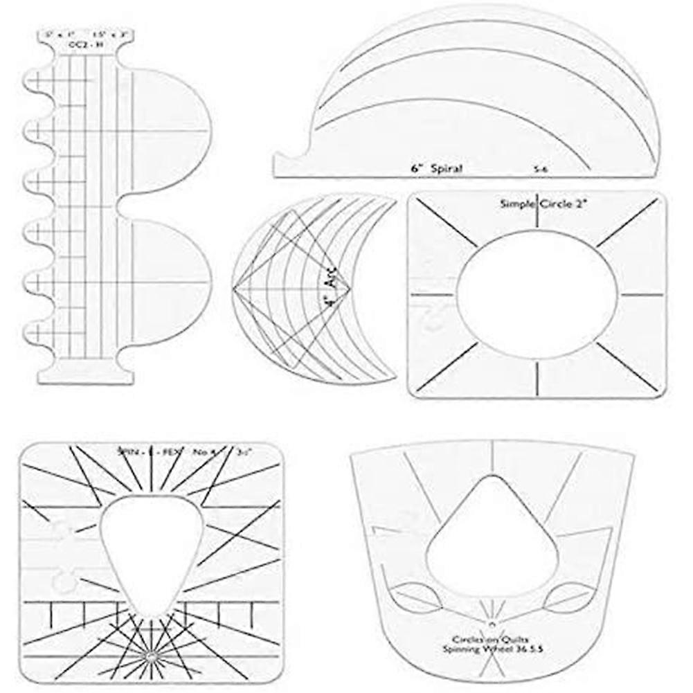 6-Piece Quilting Template Sewing Machine Ruler Quilting Template Ruler Including Spiral, Arc, Shell, Simple Circle