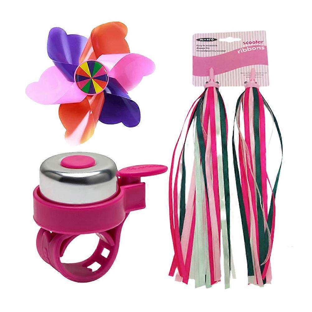 3PCS Children Bike Grips Tassels Bell Set Scooter Ribbons Handlebar Weave Streamers Bike Accessories (Pink Tassels, Bell and Windmill)