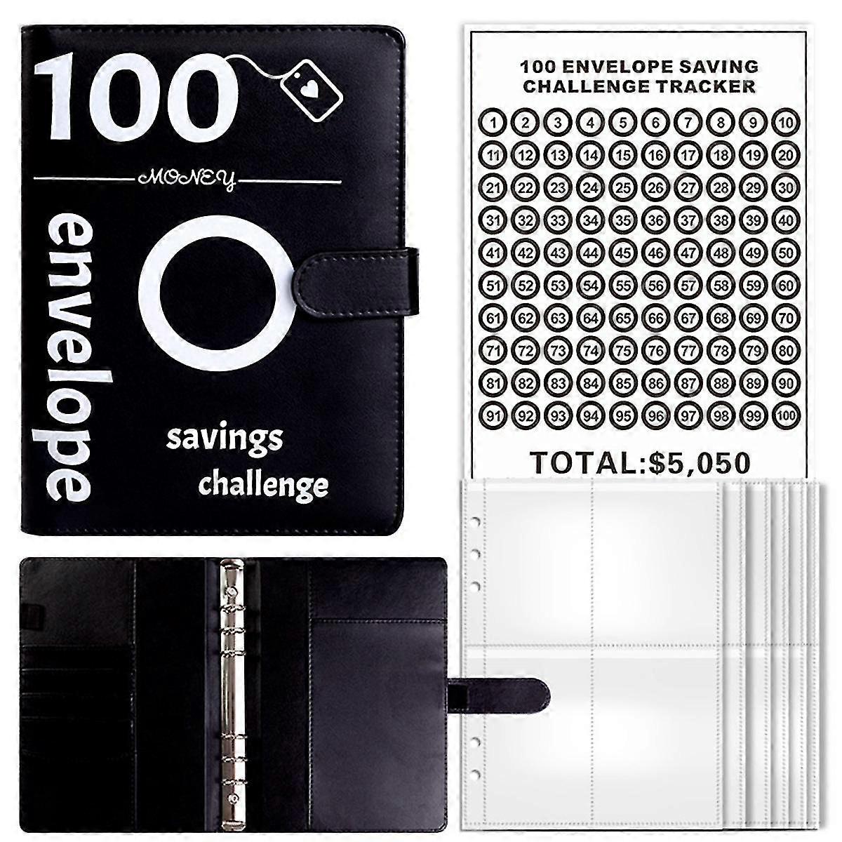 100 Envelopes Saving Money Challenge Binder, A5 Savings Binder with Cash Envelopes for Planning and Saving Black