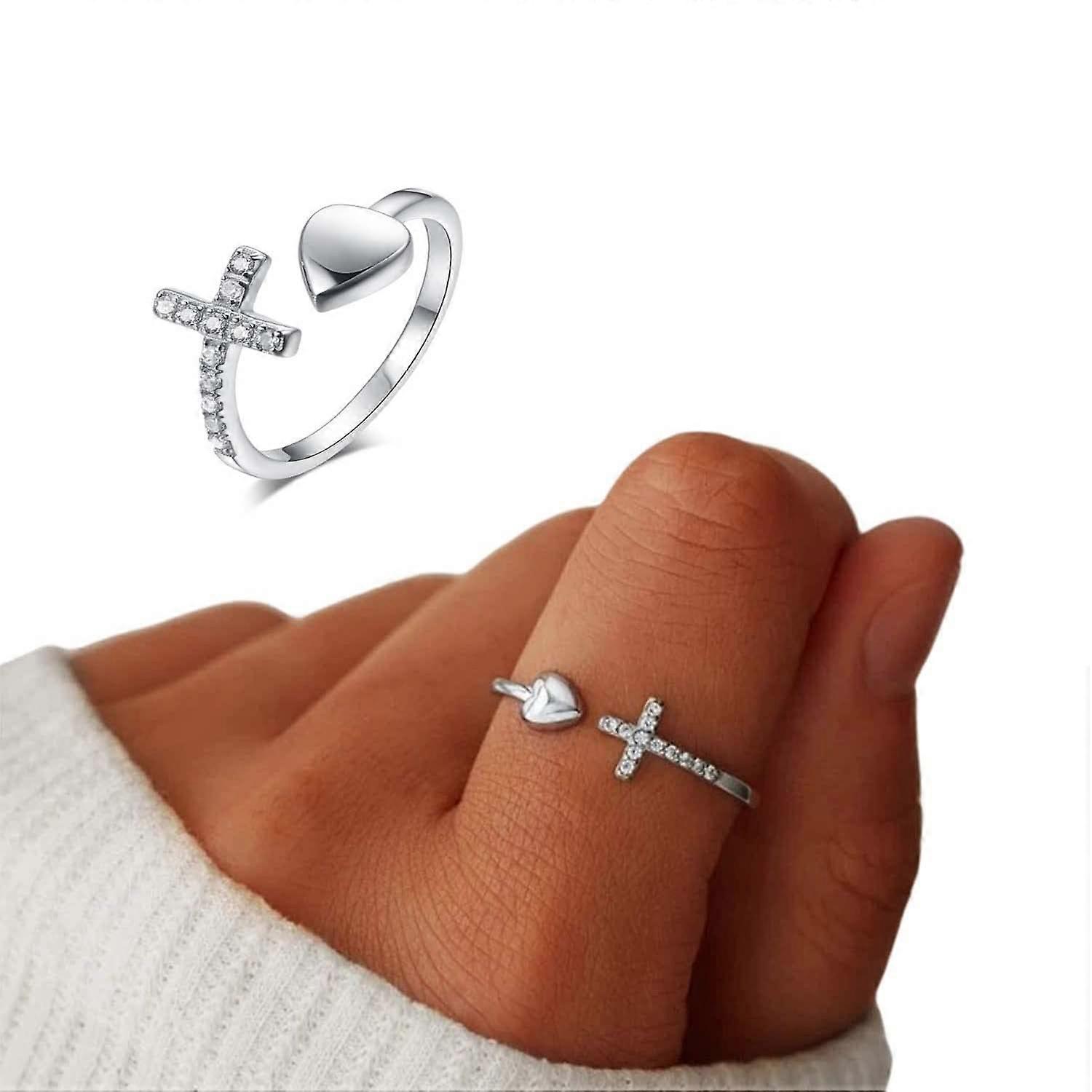 To My Daughter Pray Through It Cross & Heart Ring - Sterling Silver 925 Adjustable Open Cross Love Rings, Never Give Up