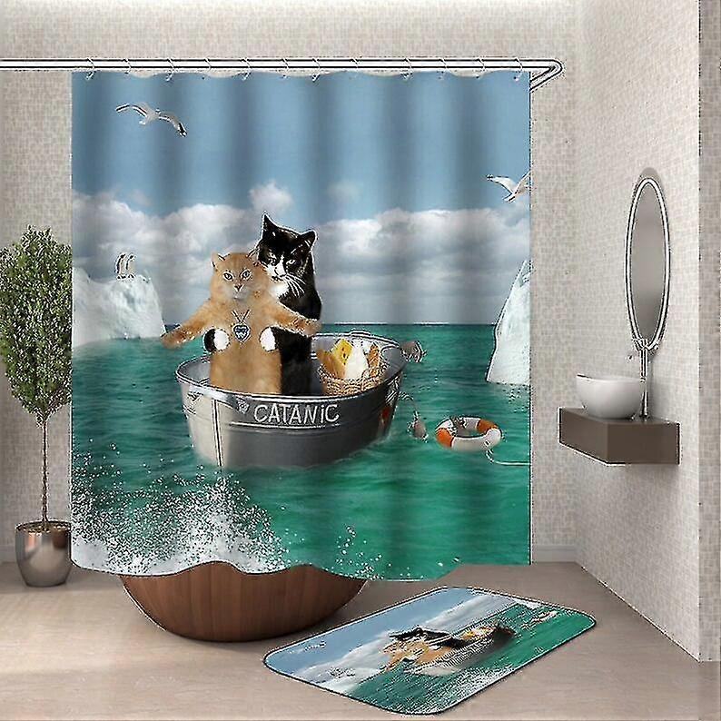 Tenda Da Doccia Con Gatto E Dinosauro – Tessuto Impermeabile Con Onde Del Mare, Grigio