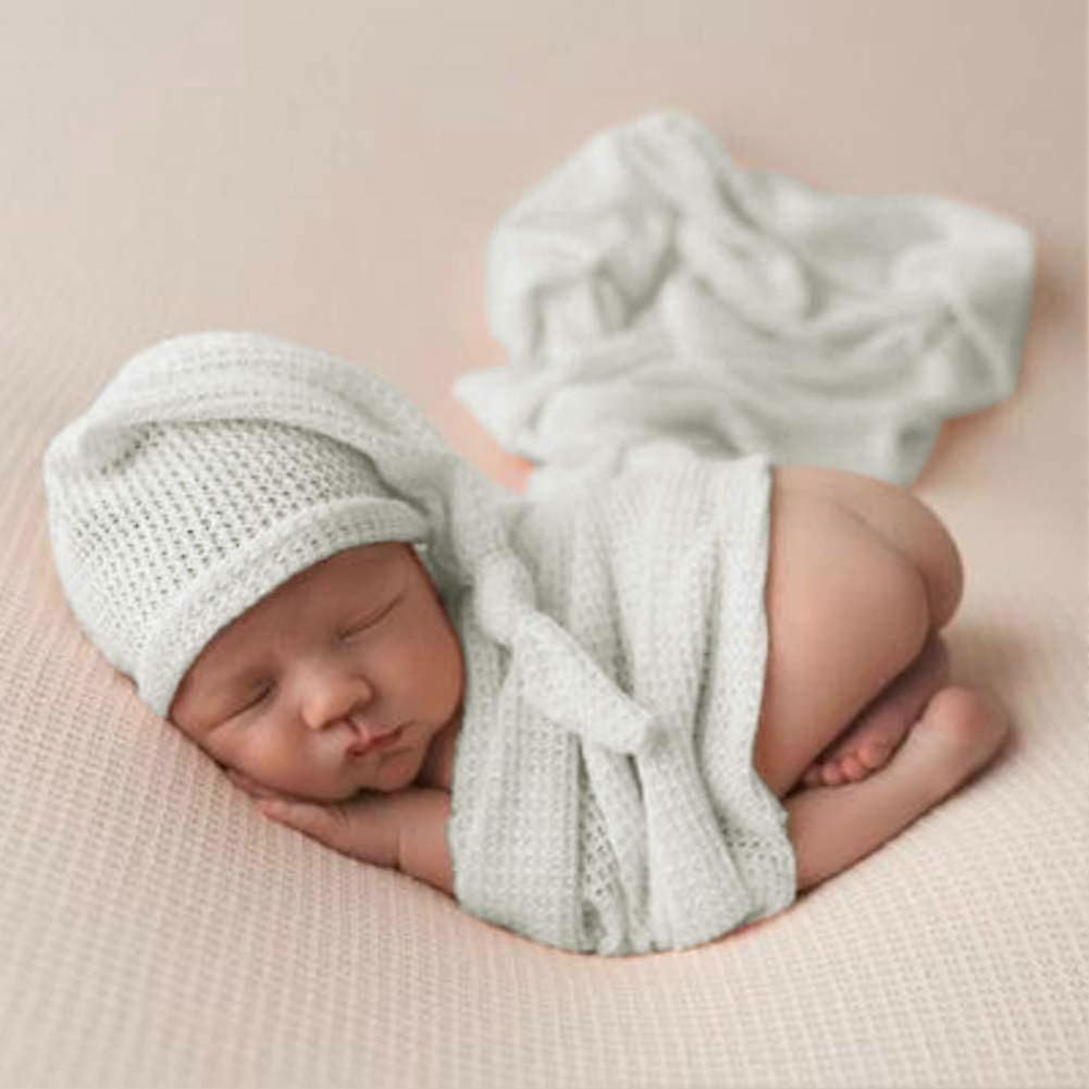 Baby Newborn Photography Props Blanket Wrap Stretch Wrap Newborn Photo Blanket, Baby Photography Hat (White)