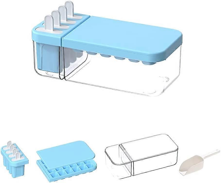 2-in-1 ice maker container storage, one ice cube tray four popsicle molds, ice box with lid and ice scoop (1-piece set, blue)