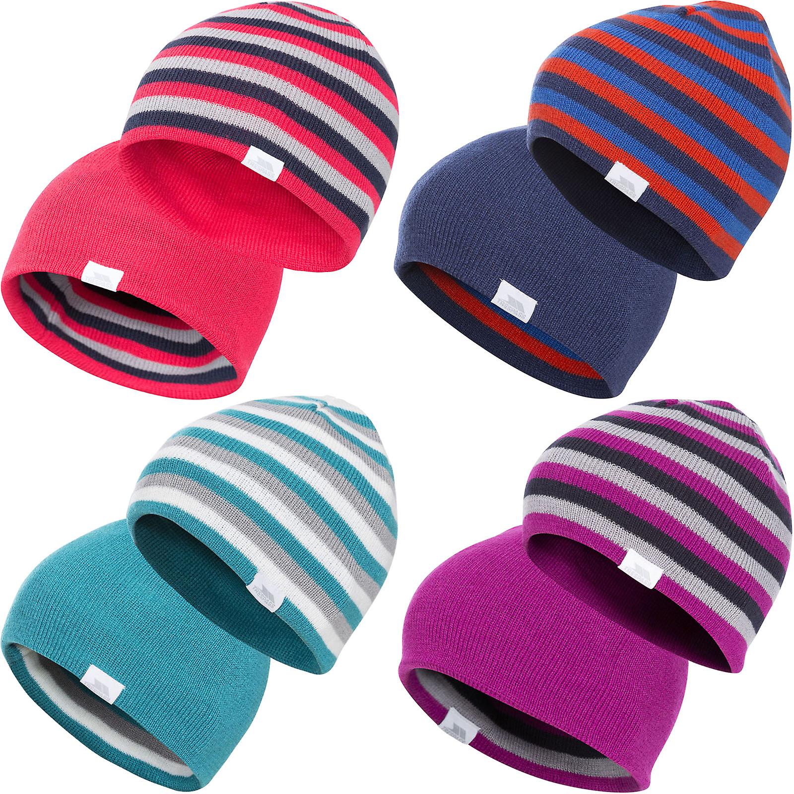 Trespass Kids Reagan Outdoor Warm Winter Stripe Reversable Knitted Beanie Hat