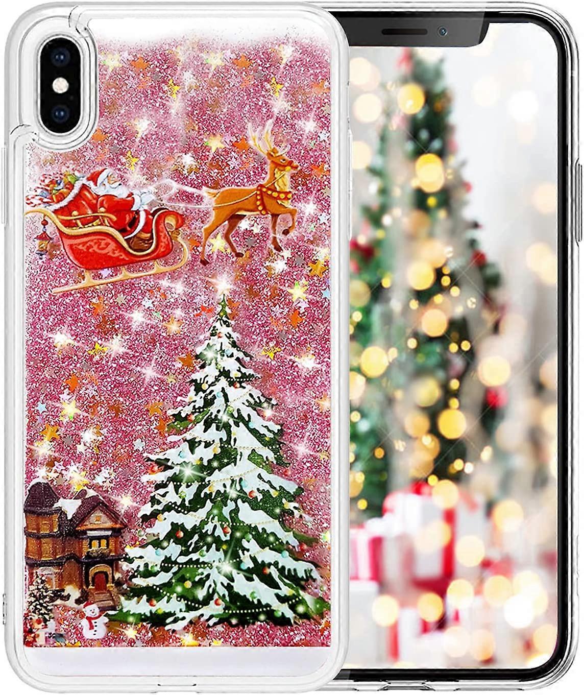 LUVI for iPhone XR Christmas Case Funny Bling Glitter Liquid Fashion Tree Rudolph Pattern Flowing Floating Luxury Shiny Sparkle Quicksand Sequin Case