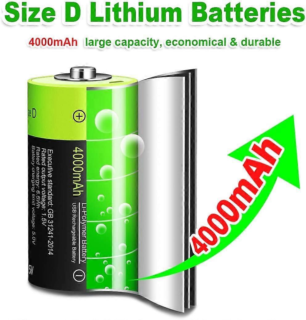 SAYTAY  USB Rechargeable Lithium  D Batteries - 1.5V / 4000mAh (2-Pack) - Alkaline Batteries - ECO-Friendly & Recyclable - No Memory Effect  ST-001