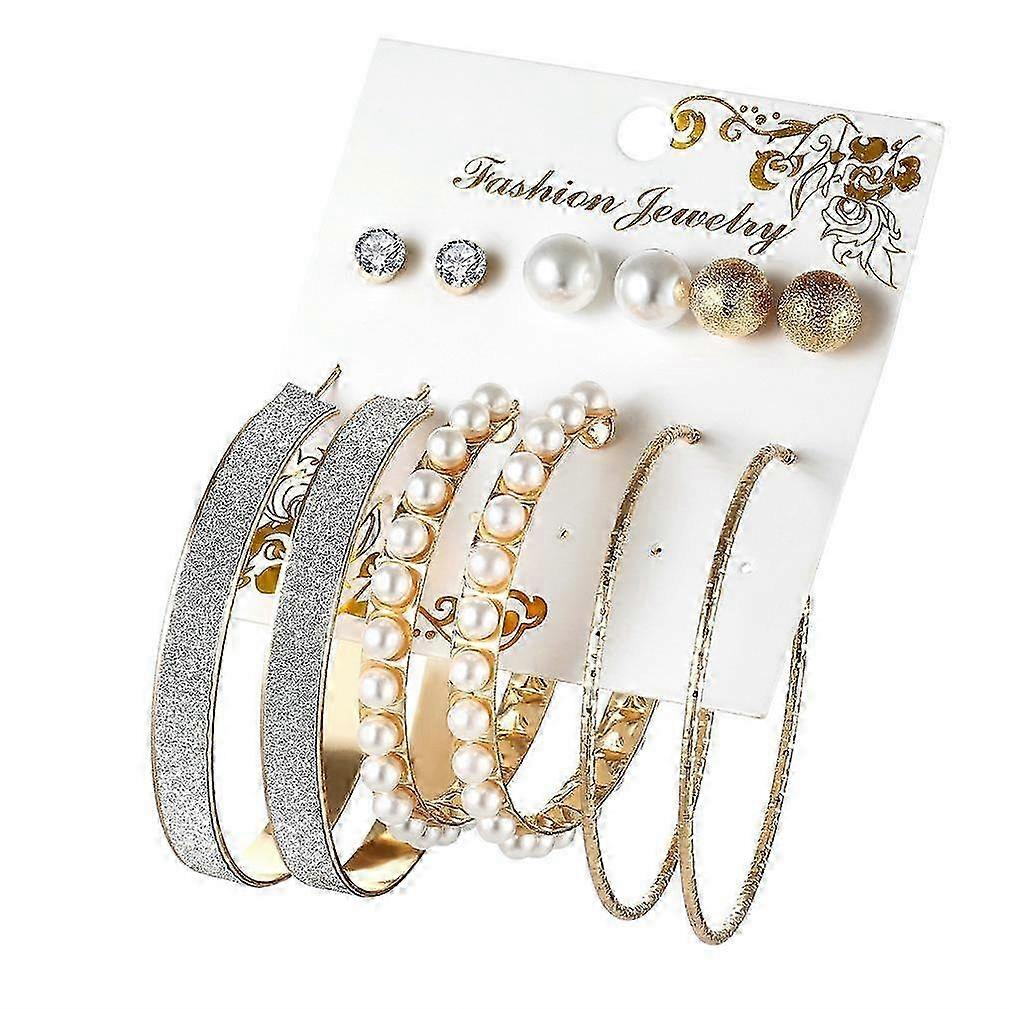 6 Pairs Ear Studs Set Artificial Pearl Frosted Big Circle Earrings for Daily Use