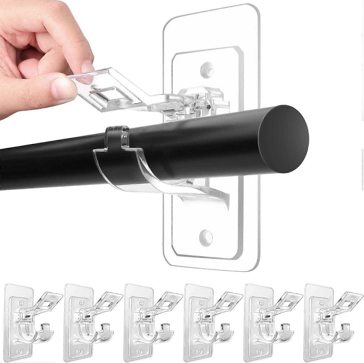 6-Pack No Drill Needed Curtain Rod Holders, Self Adhesive Rod Brackets, Multipurpose Nail Free Stick on Curtain Rod Hooks, Curtain Hangers for Bathroo