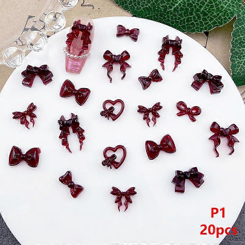 20Pcs Wine Red Resin Bow Nail Charm Bulk Mix Size 3D Ribbon Bowkont Mini Kawaii Nail Art Accessories DIY Cute Nails Decorations