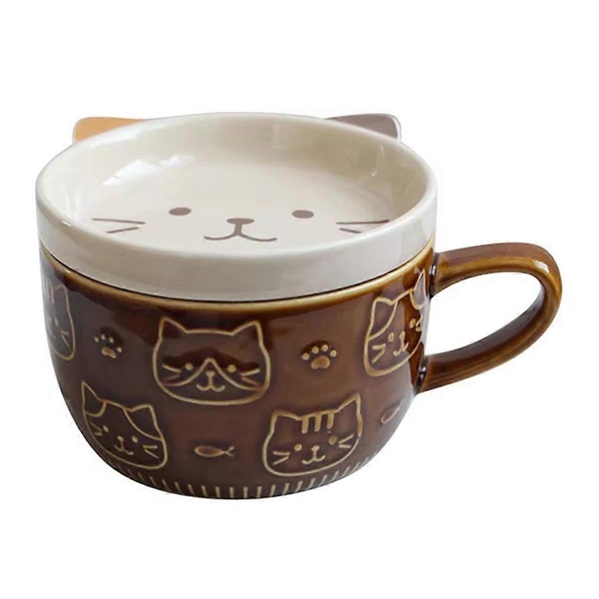 Cute Japanese Cartoon Cat Coffee Cup with Lid - Ceramic Breakfast Milk Cup for Couples, Ideal for Home and Office Use C