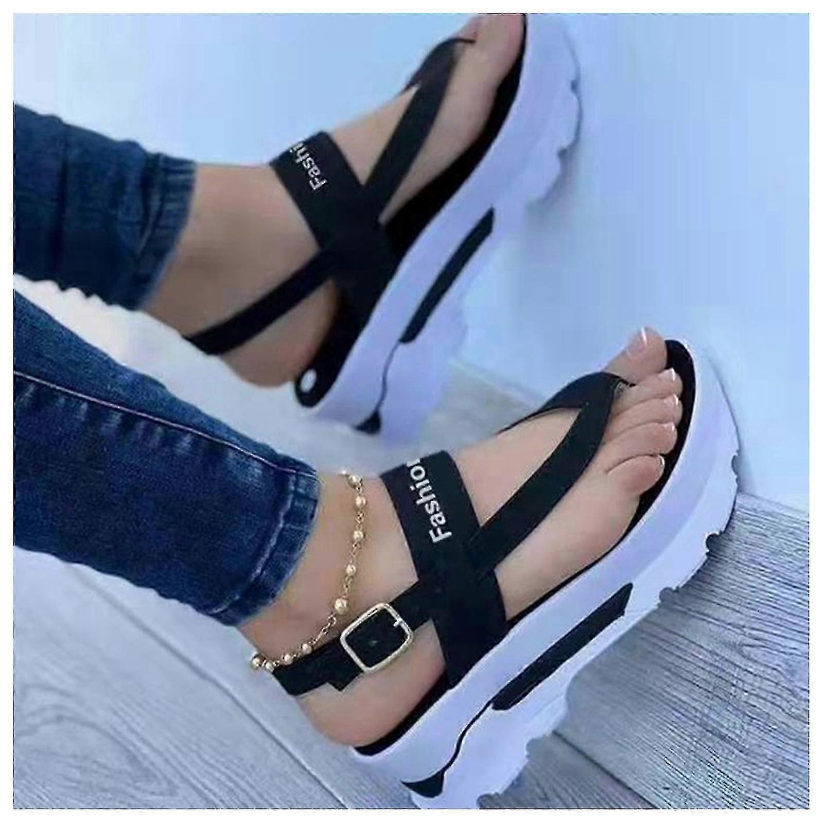 Women\'s Hollow-out Flat Wedge Flip Flops Soft And Wide Sandals With Leather Upper For Party Outfit Cloth Matching