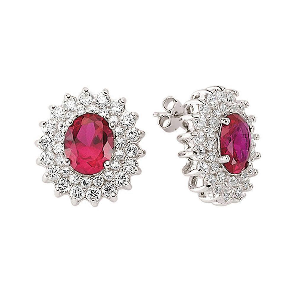 Jewelco London Ladies Sterling Silver Ruby-Red Oval Cubic Zirconia Royal Cluster Stud Earrings