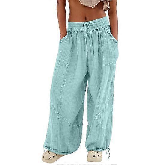Women Pants High Elastic Waist Drawstring Wide Leg Loose Deep Crotch Pleated Ankle-banded Pockets Solid Color Soft Lady Casual Trousers