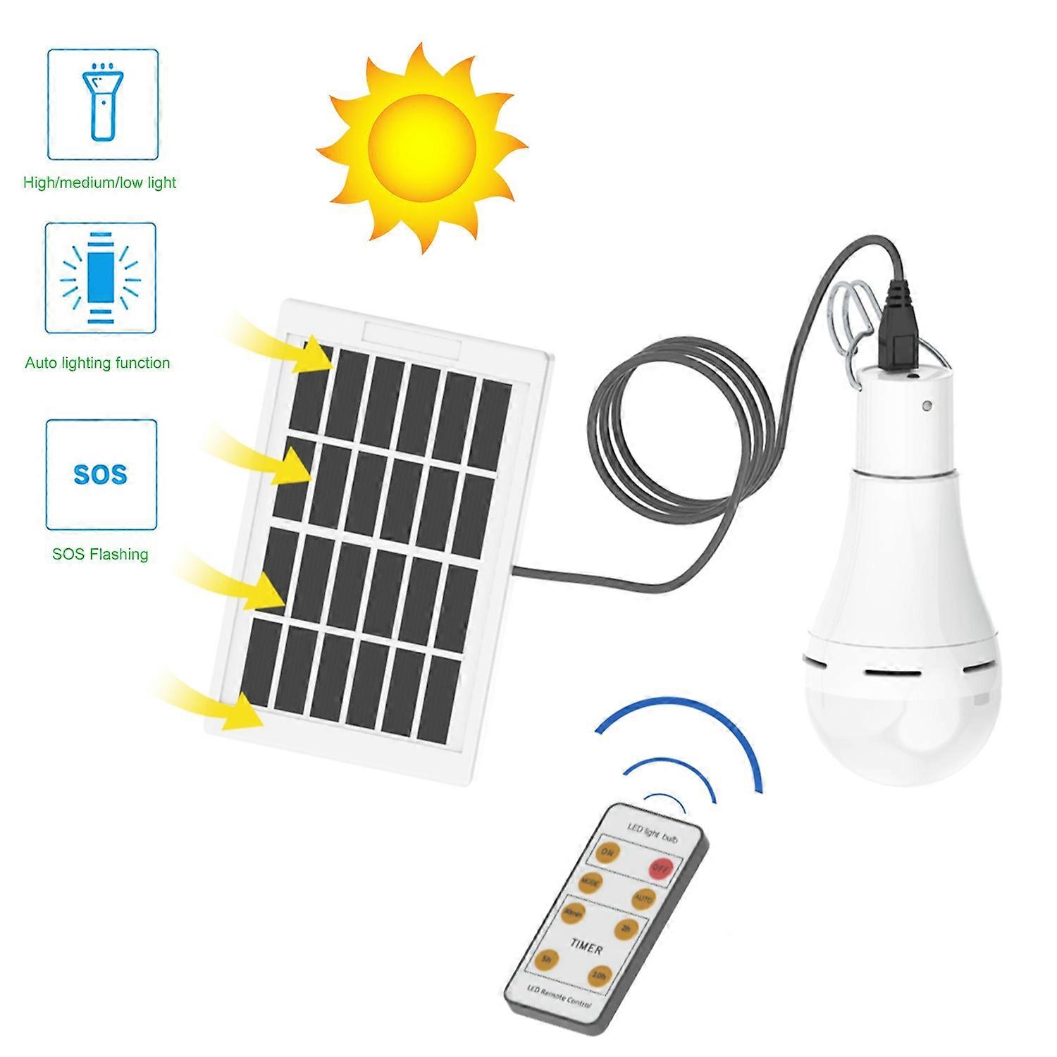 7W Solar Powered LEDs Light Bulbs Remote & AUTO Lighting Control 5 Lighting Functions Timer Setting 